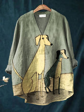 Women's Abstract Art Dog Print Casual Cotton And Linen V-neck Shirt